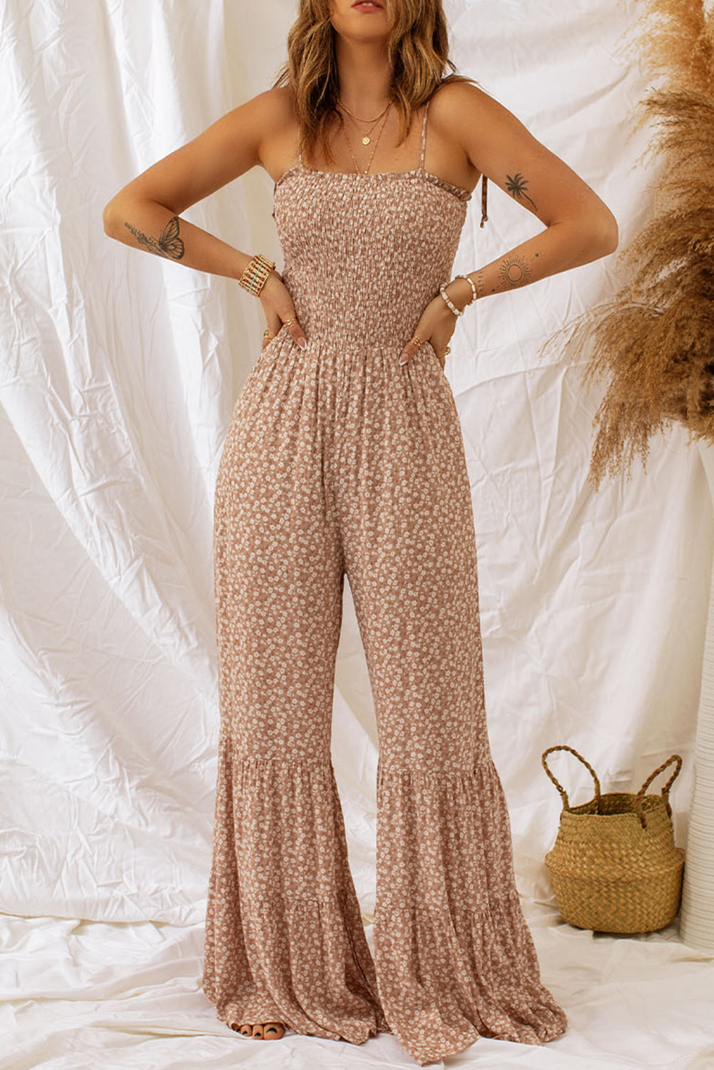 Floral Spaghetti Strap Smocked Wide Leg Jumpsuit Sunset and Swim   