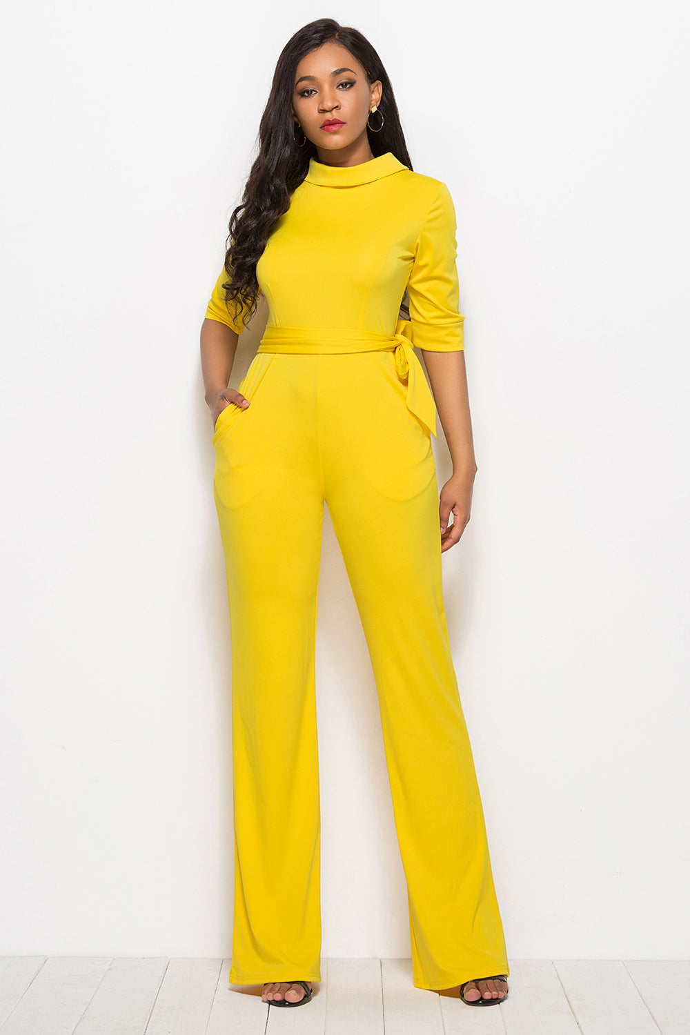 Mock Neck Tie-Waist Half Sleeve Jumpsuit Sunset and Swim   