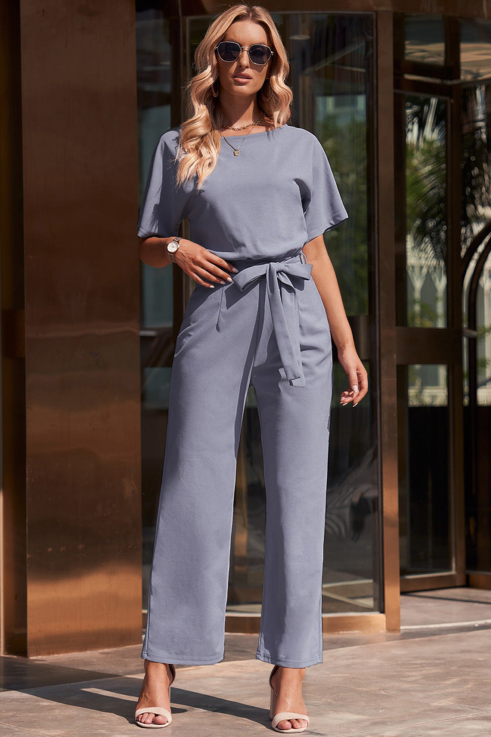 Full Size Tie Waist Straight Leg Jumpsuit Sunset and Swim Cloudy Blue S 