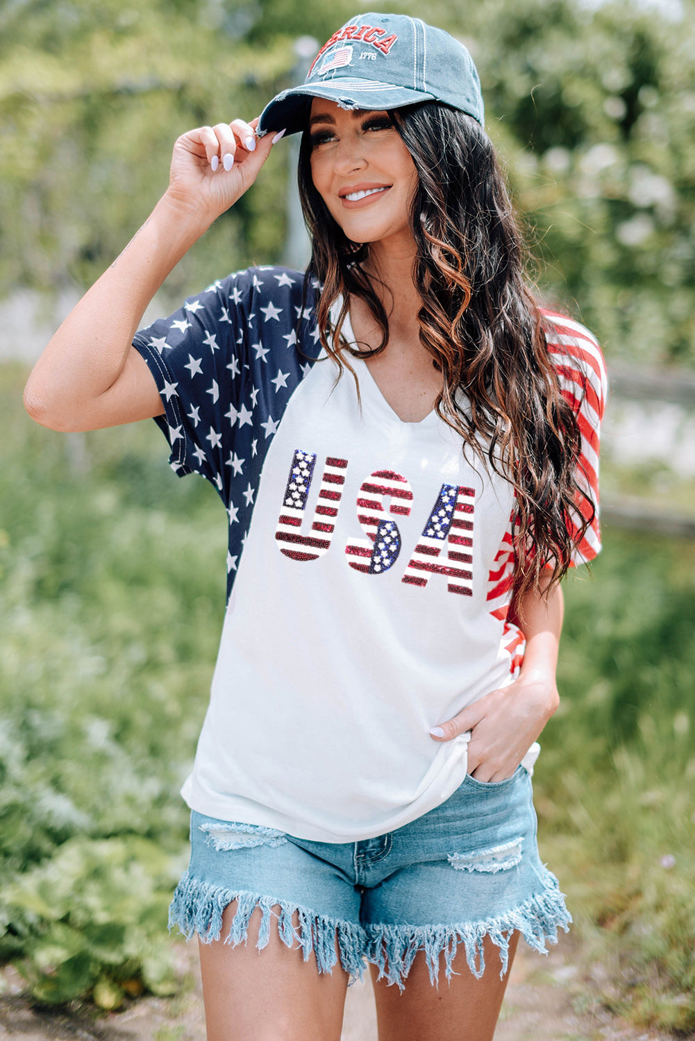 USA V-Neck Short Sleeve T-Shirt Sunset and Swim   