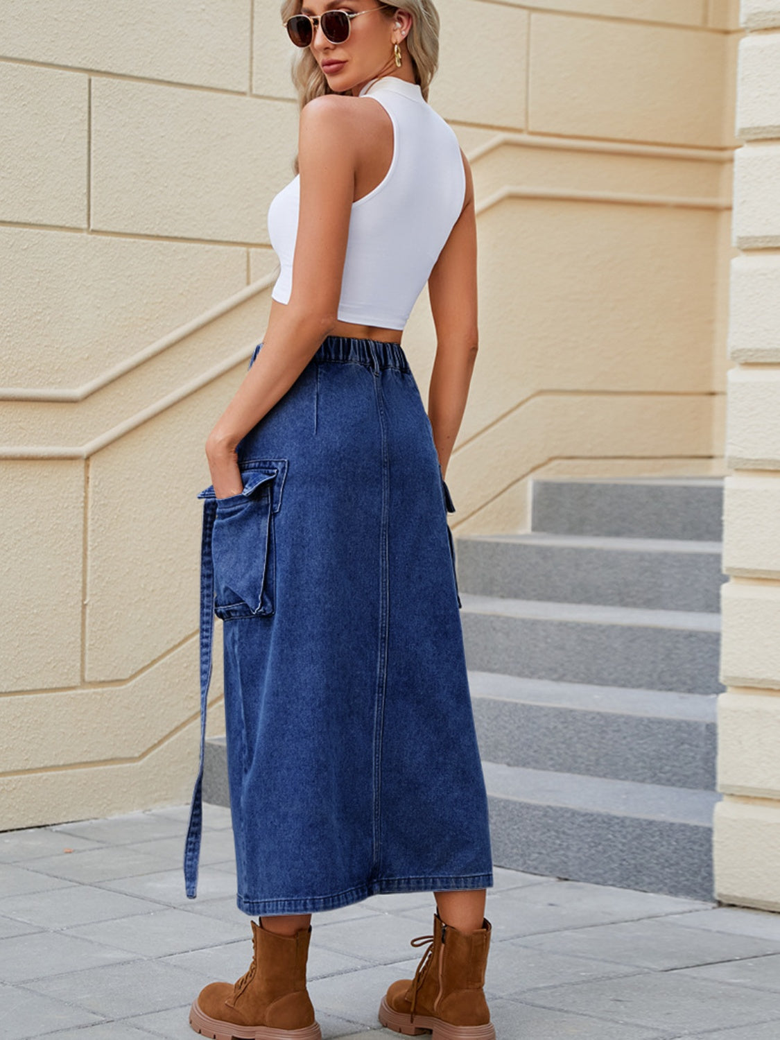 Slit Pocketed High Waist Denim Skirt  Sunset and Swim   