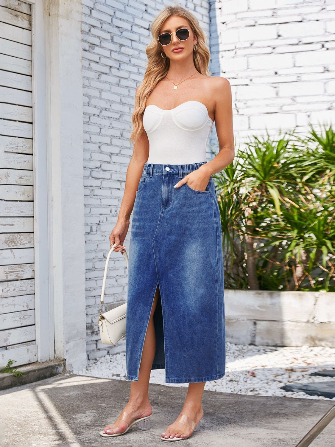 Slit Midi Denim Skirt with Pockets  Sunset and Swim   