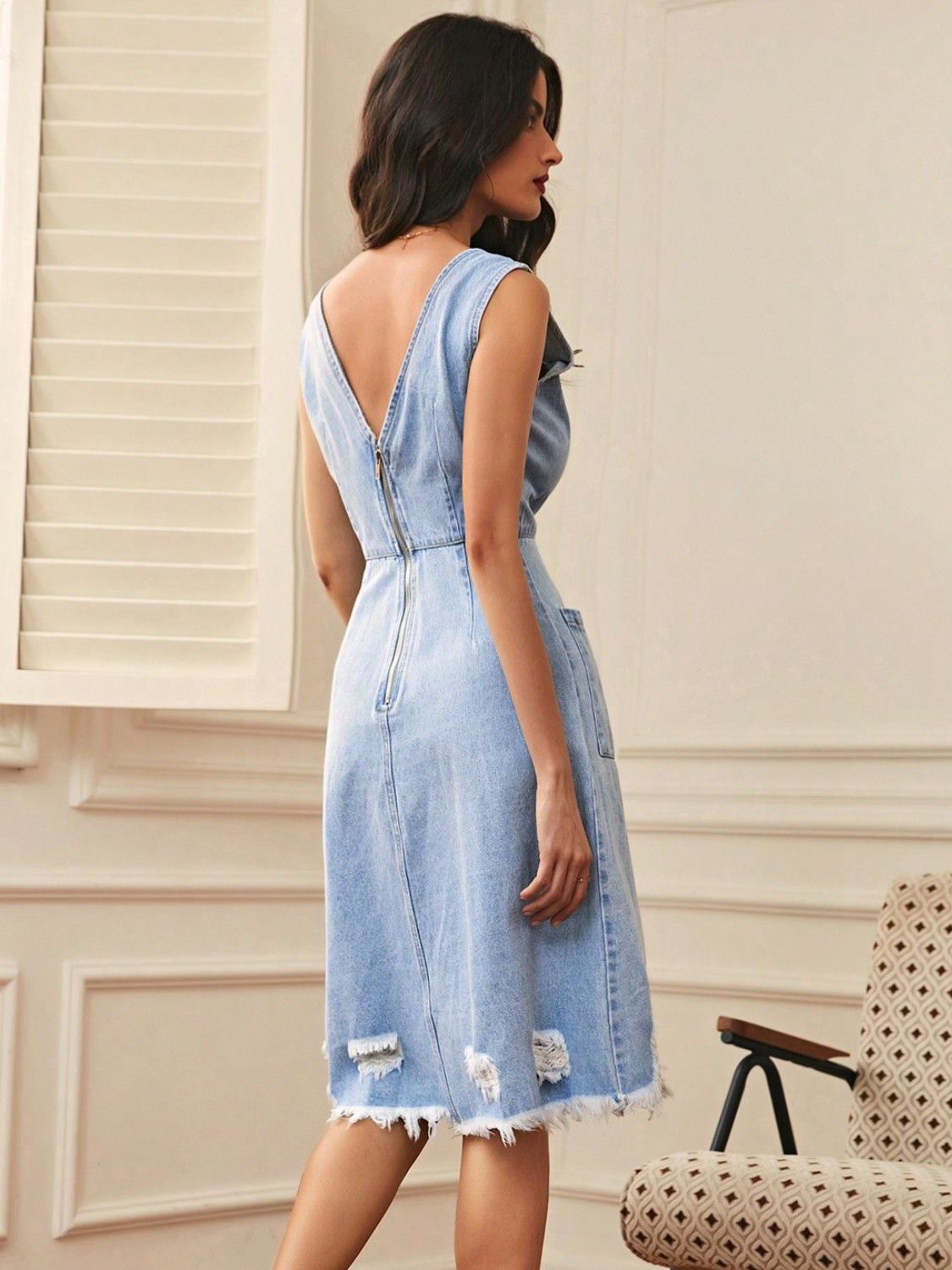 Distressed Raw Hem V-Neck Sleeveless Denim Dress Sunset and Swim   