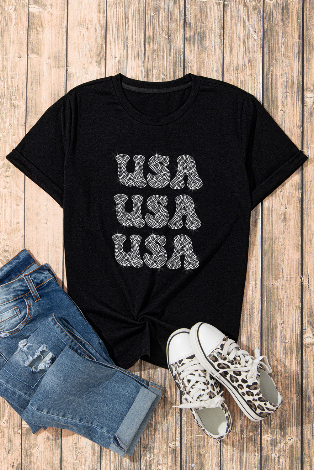 USA Rhinestone Round Neck Short Sleeve T-Shirt Sunset and Swim   