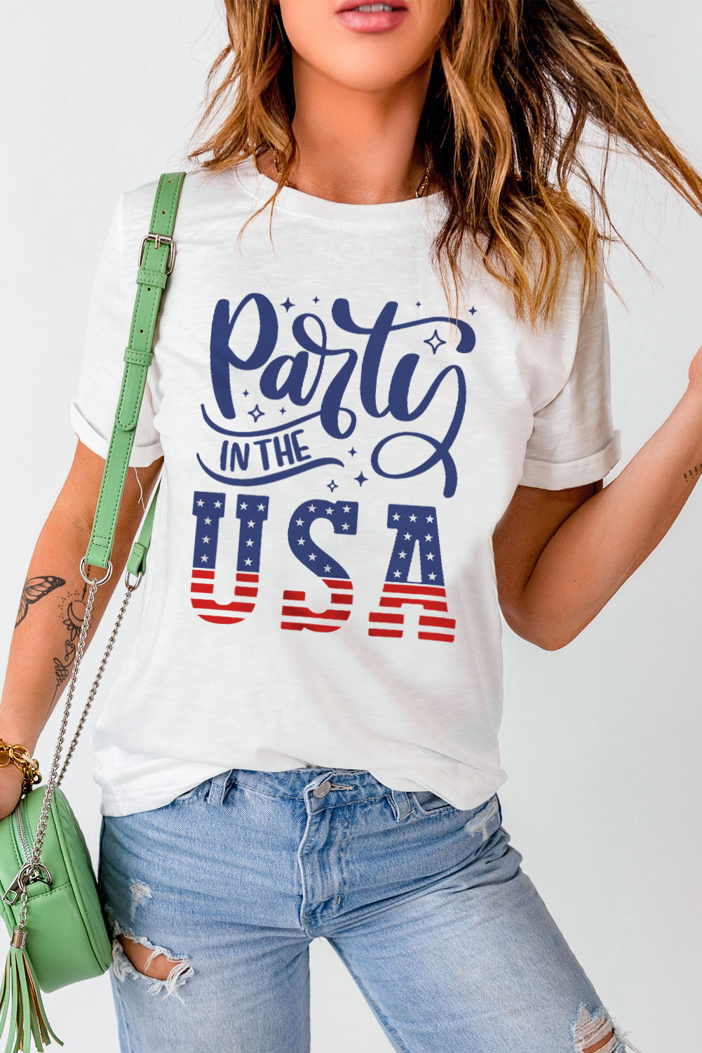 PARTY IN THE USA Round Neck Cuffed Tee Sunset and Swim White S 
