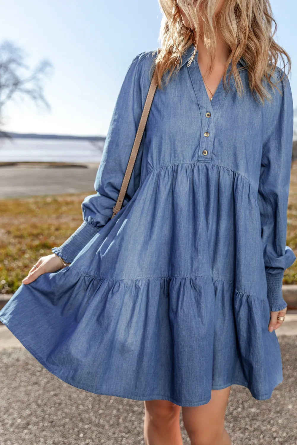 Tiered Johnny Collar Long Sleeve Denim Dress Sunset and Swim   