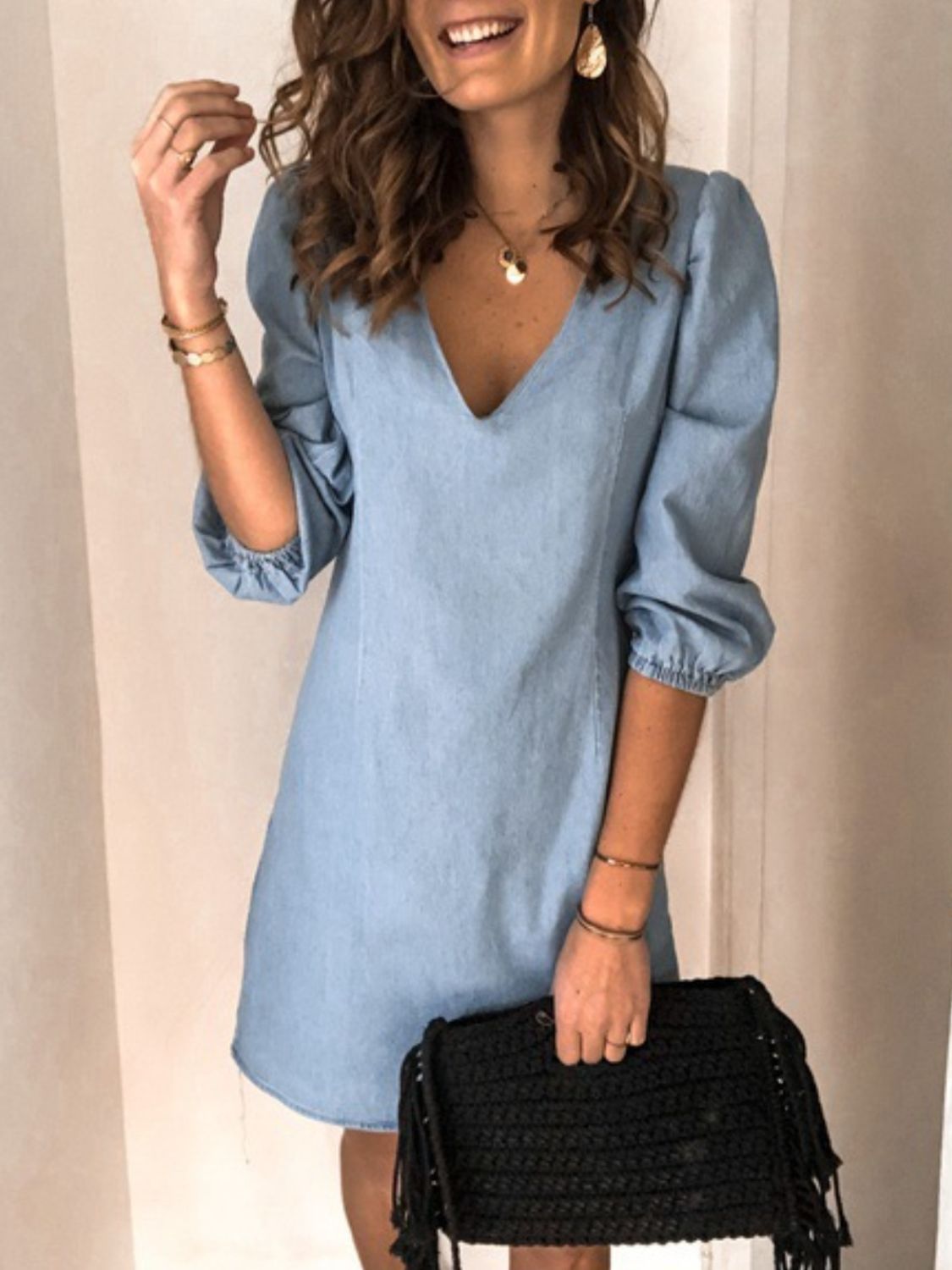 Full Size V-Neck Half Sleeve Denim Dress Sunset and Swim   