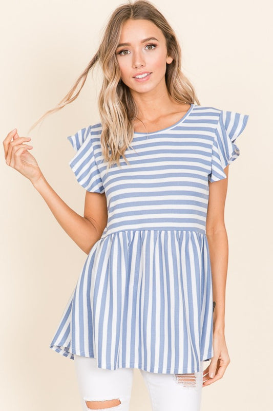 Striped Round Neck Blouse  Sunset and Swim Blue S 