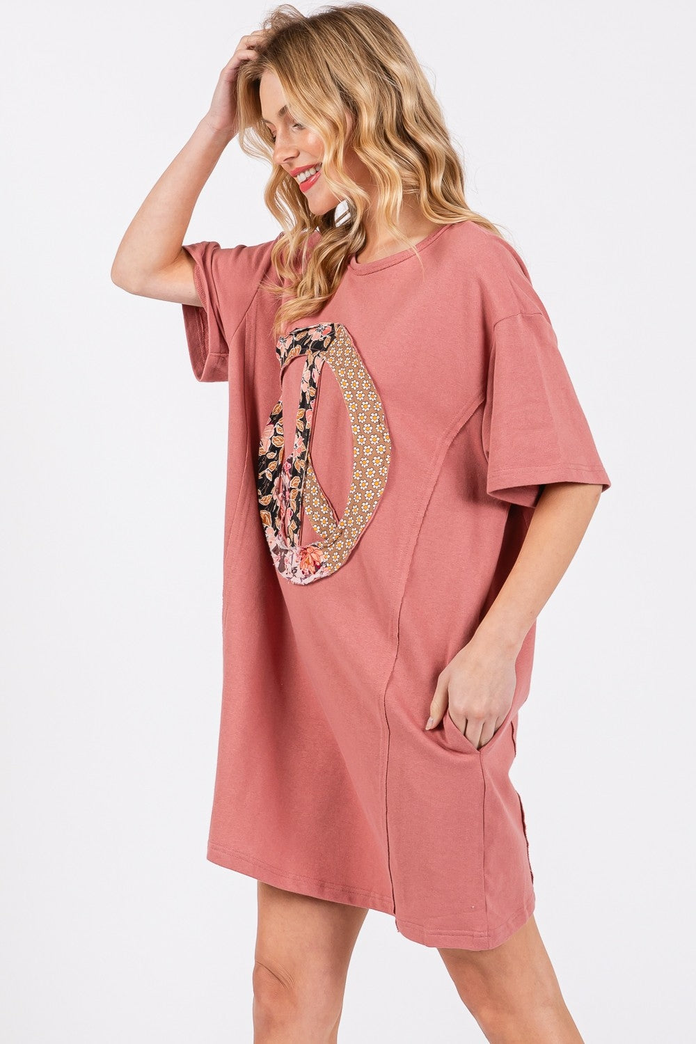 Sunset Vacation Plus Size Peace Sign Applique Short Sleeve Tee Dress Sunset and Swim   