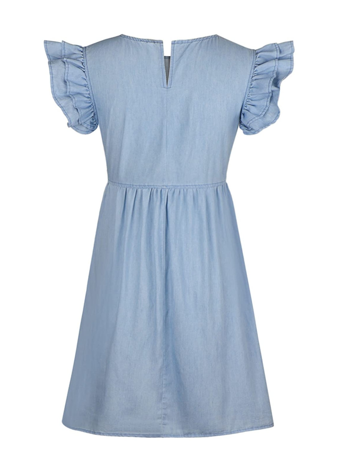 Full Size Ruffled Round Neck Cap Sleeve Denim Dress Sunset and Swim   