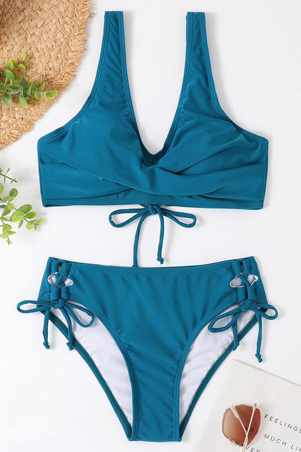 Sunset Vacation  Ruched Lace-Up Wide Strap Two-Piece Bikini Set  Sunset and Swim Peacock  Blue S 