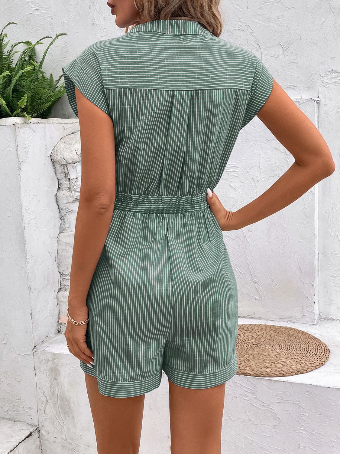 Striped Notched Tie Waist Romper Sunset and Swim   