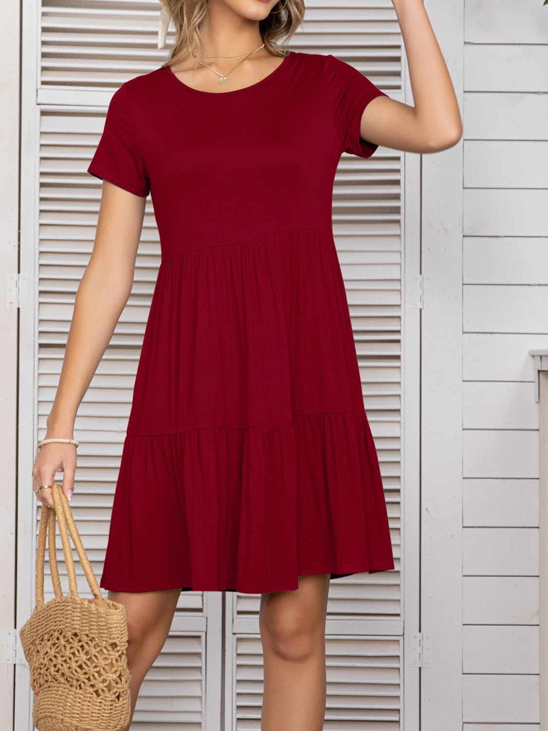 Round Neck Short Sleeve Mini Tee Dress Sunset and Swim Burgundy S 