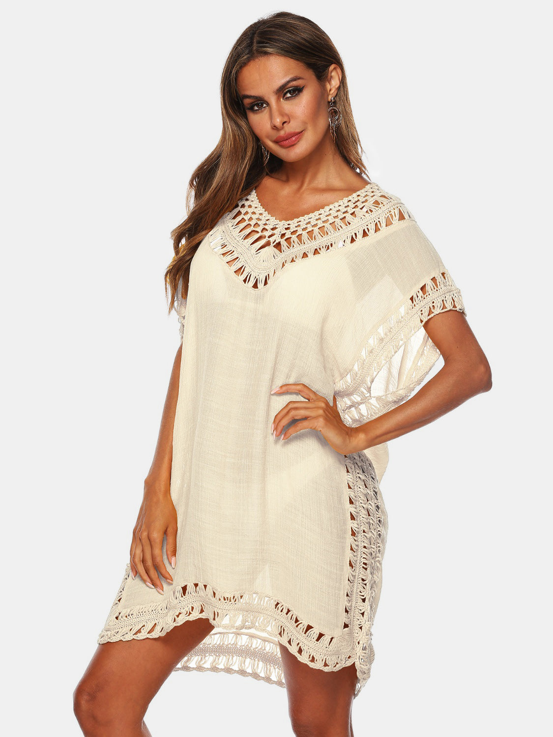 Sunset Vacation  Cutout V-Neck Short Sleeve Cover-Up  Sunset and Swim Pastel Yellow One Size 