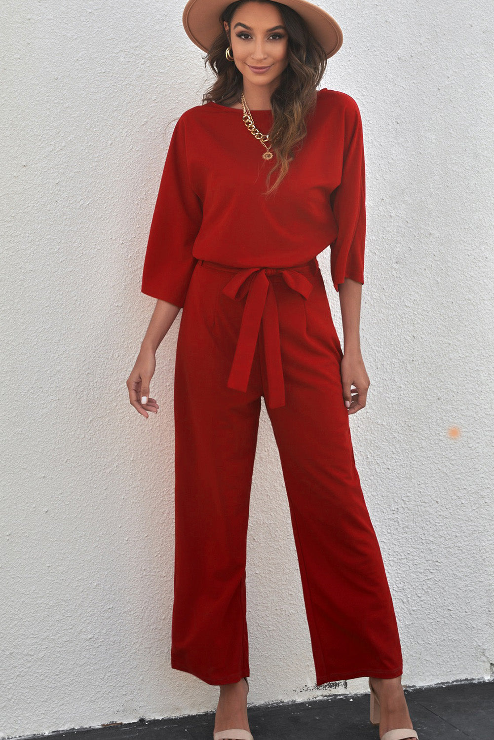 Belted Three-Quarter Sleeve Jumpsuit Sunset and Swim Deep Red S 