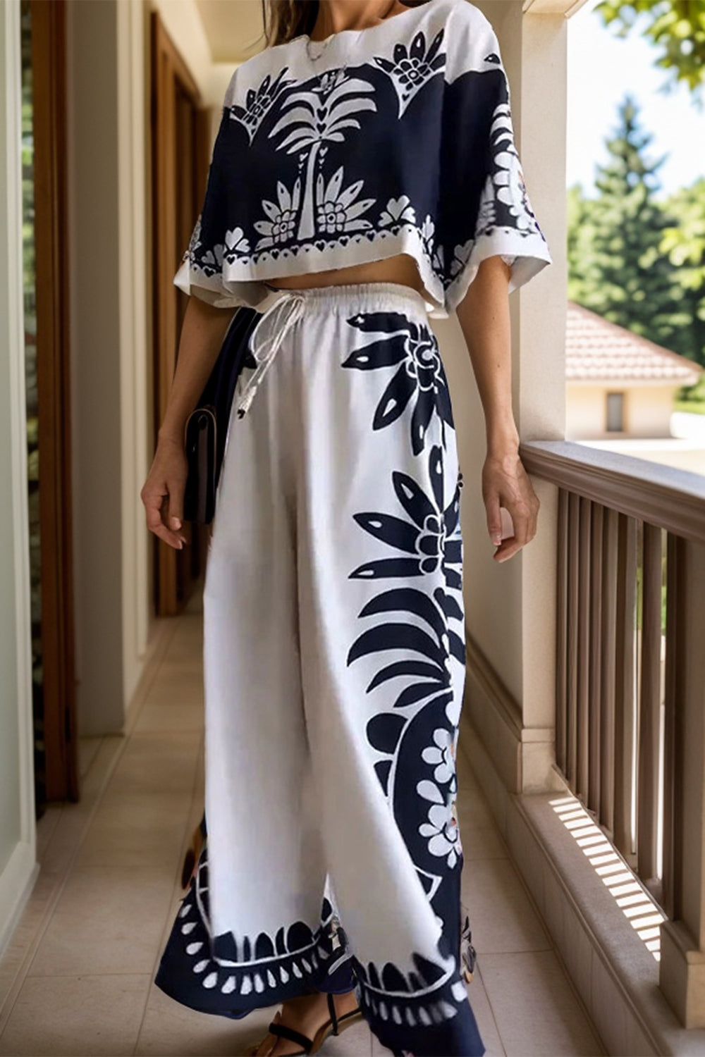 Printed Half Sleeve Top and Wide Leg Pants Set Sunset and Swim   