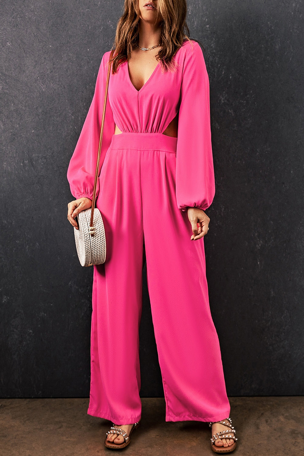 Balloon Sleeve Cutout Plunge Jumpsuit Sunset and Swim   