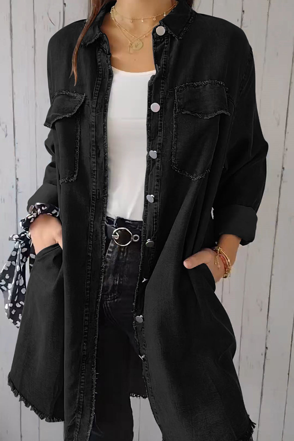 Full Size Pocketed Button Up Long Sleeve Denim Jacket Sunset and Swim Black S 