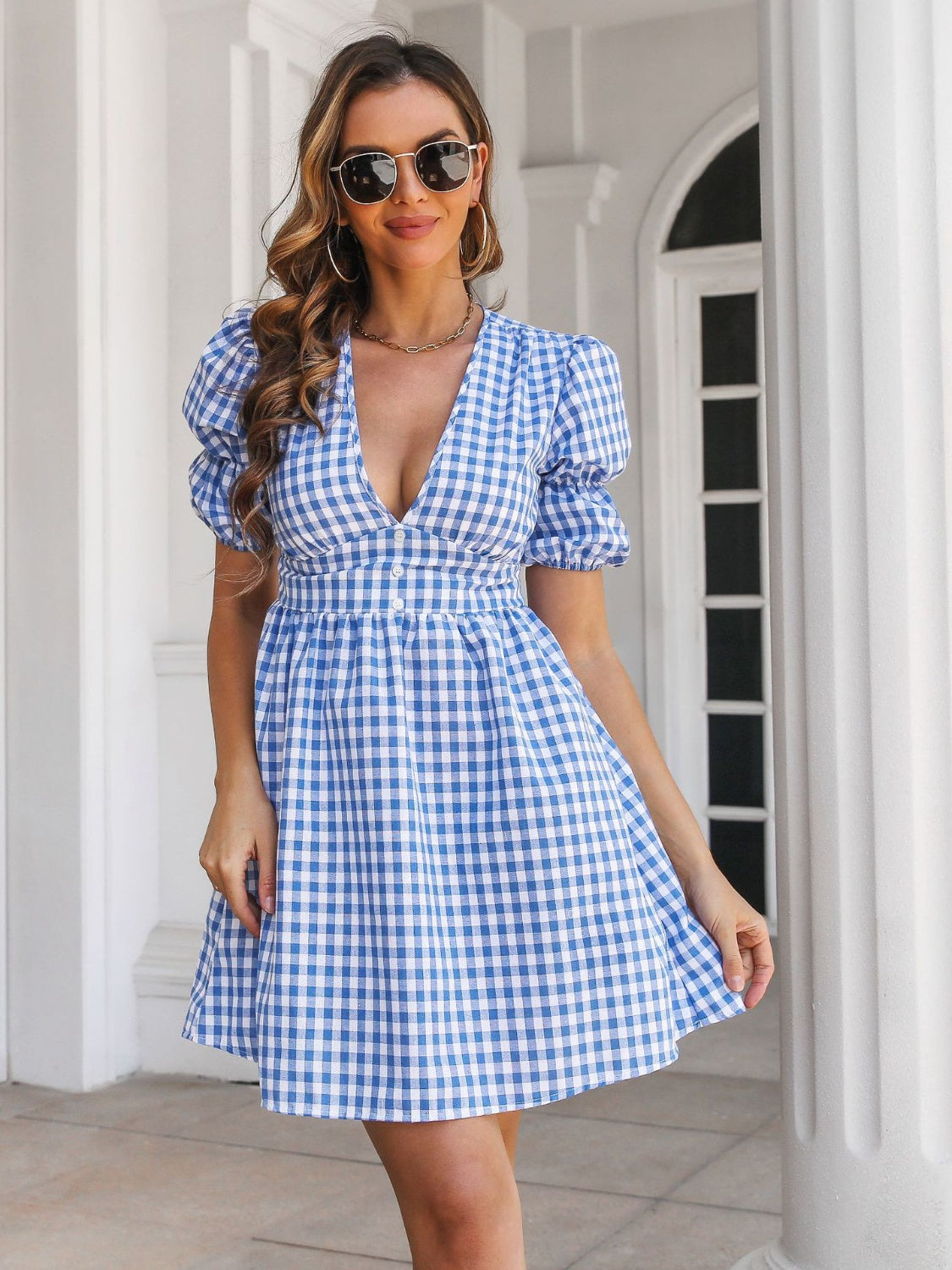 Decorative Button Plaid Short Sleeve Dress Sunset and Swim   