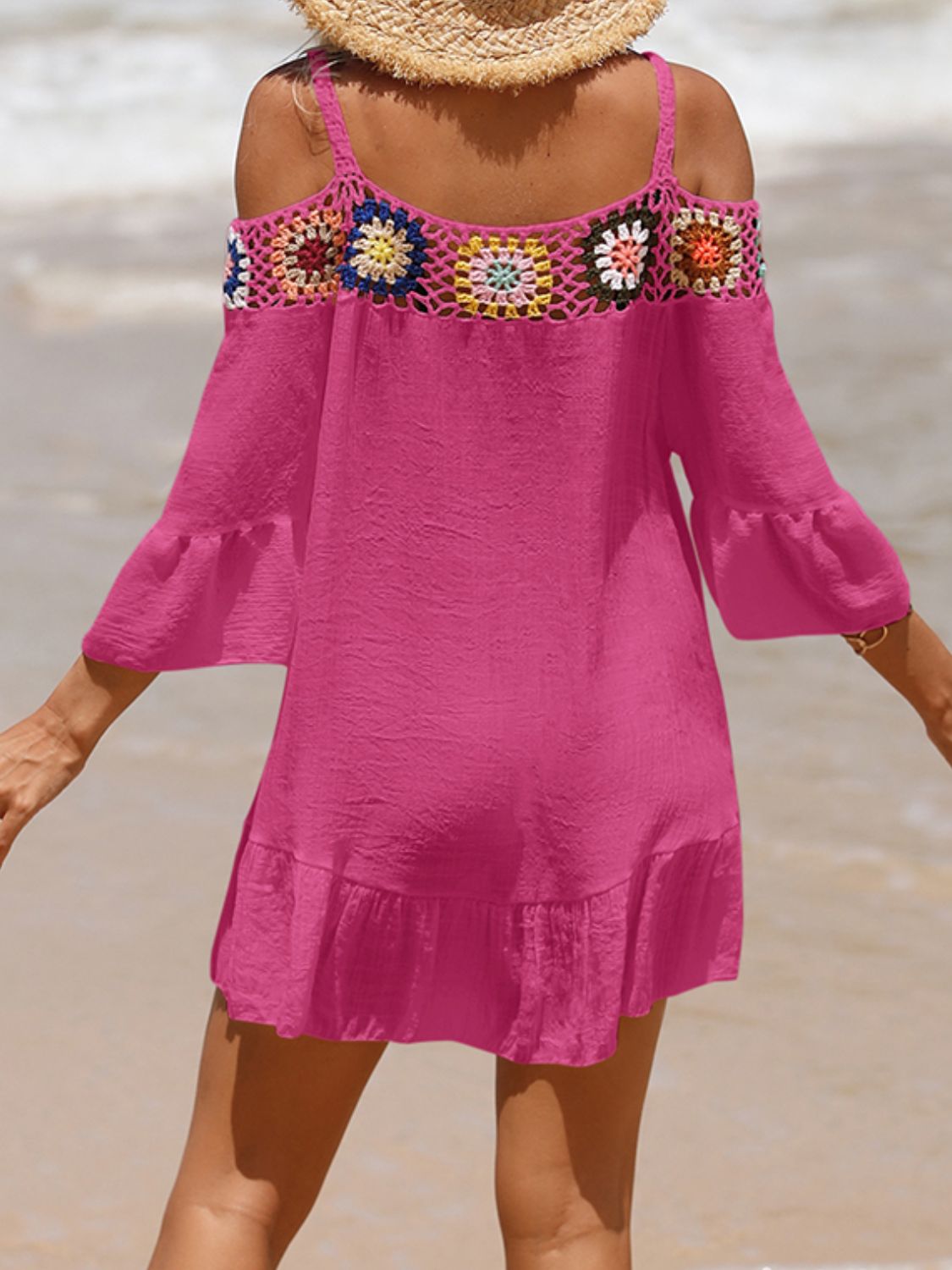 Sunset Vacation  Crochet Cold Shoulder Three-Quarter Sleeve Beach Cover Up Sunset and Swim   