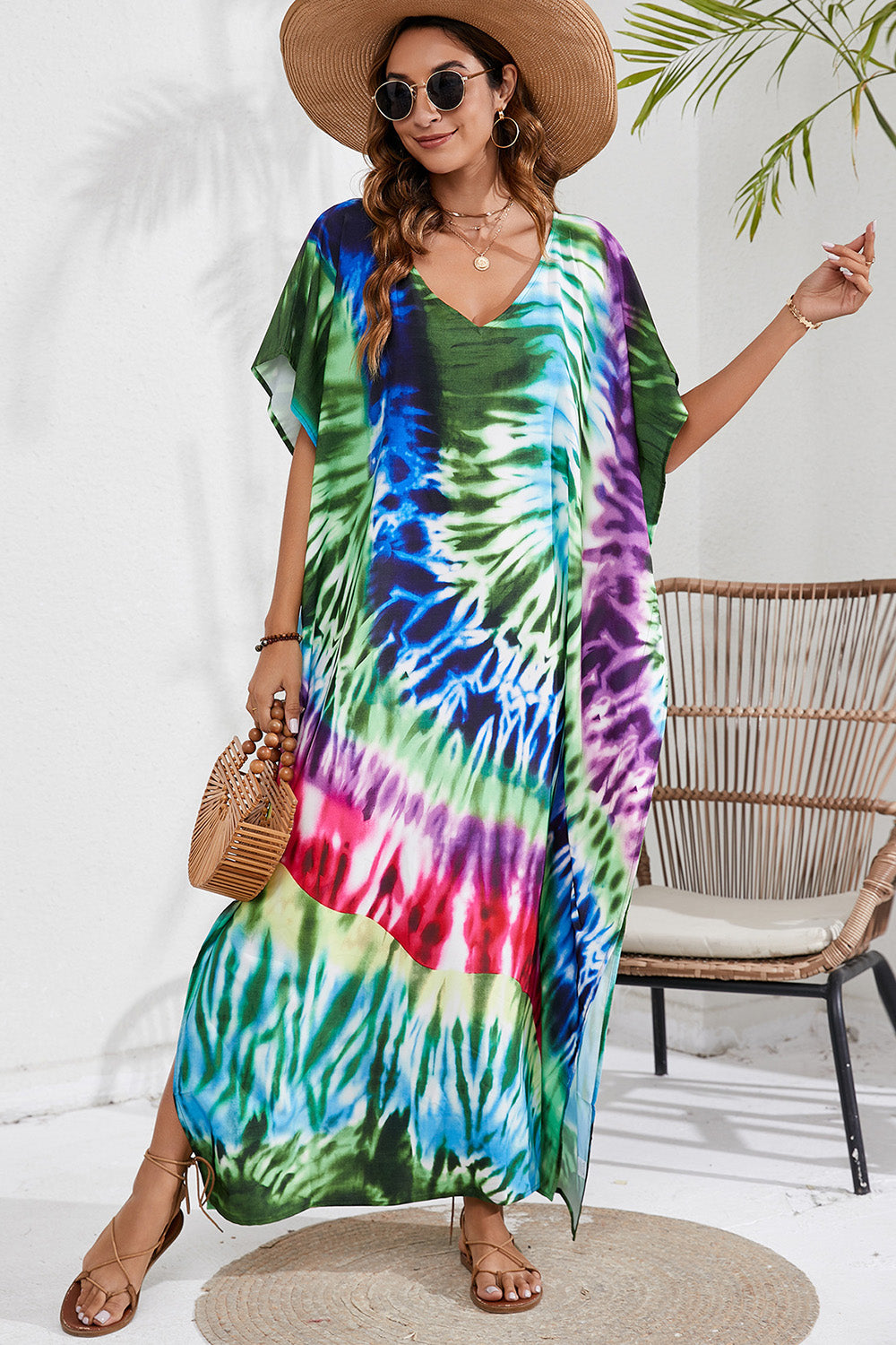 Sunset Vacation  Slit Printed V-Neck Short Sleeve Cover Up Sunset and Swim Green One Size 