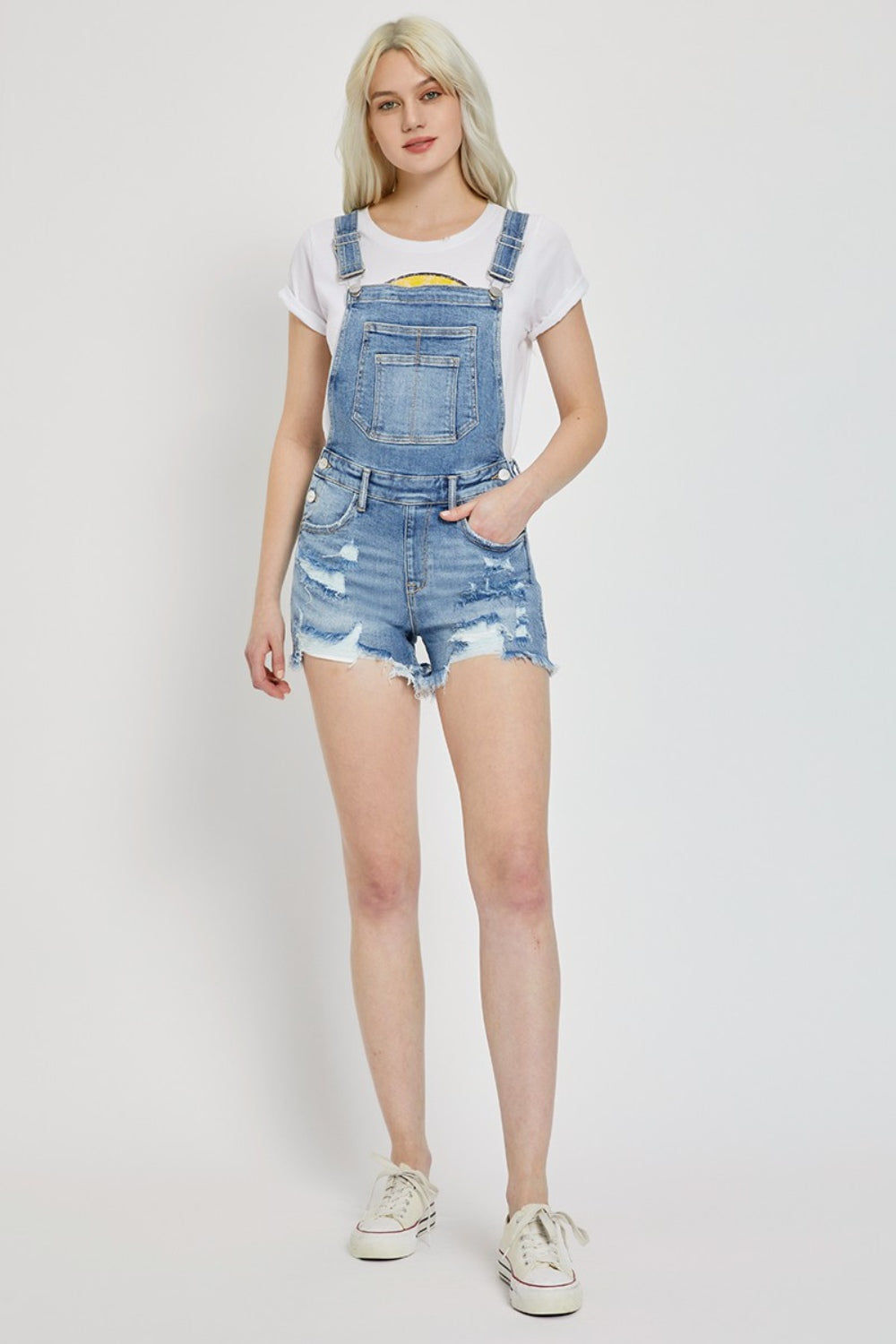 RISEN Distressed Raw Hem Denim Overalls Sunset and Swim   