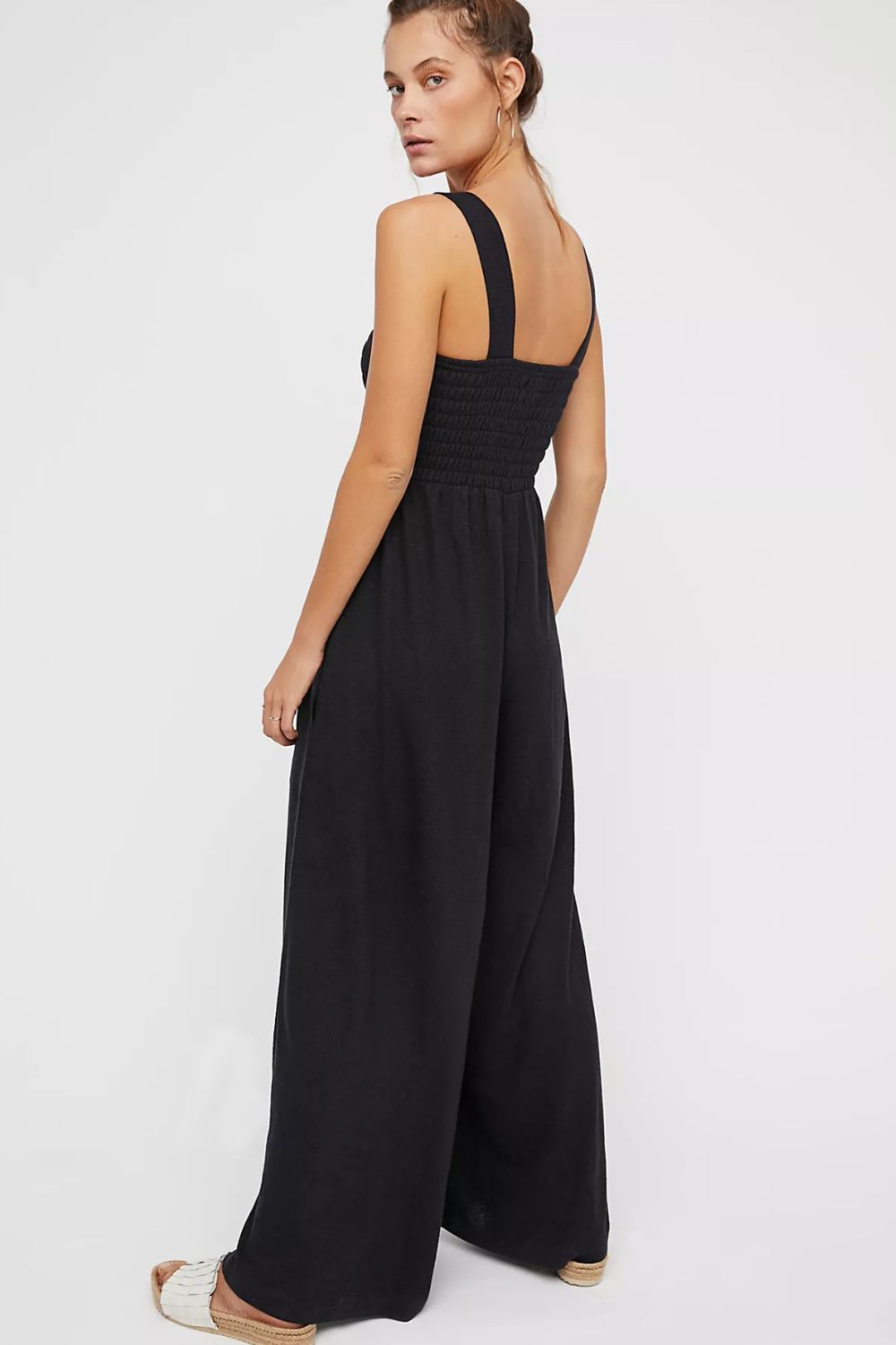 Smocked Square Neck Wide Leg Jumpsuit with Pockets Sunset and Swim   