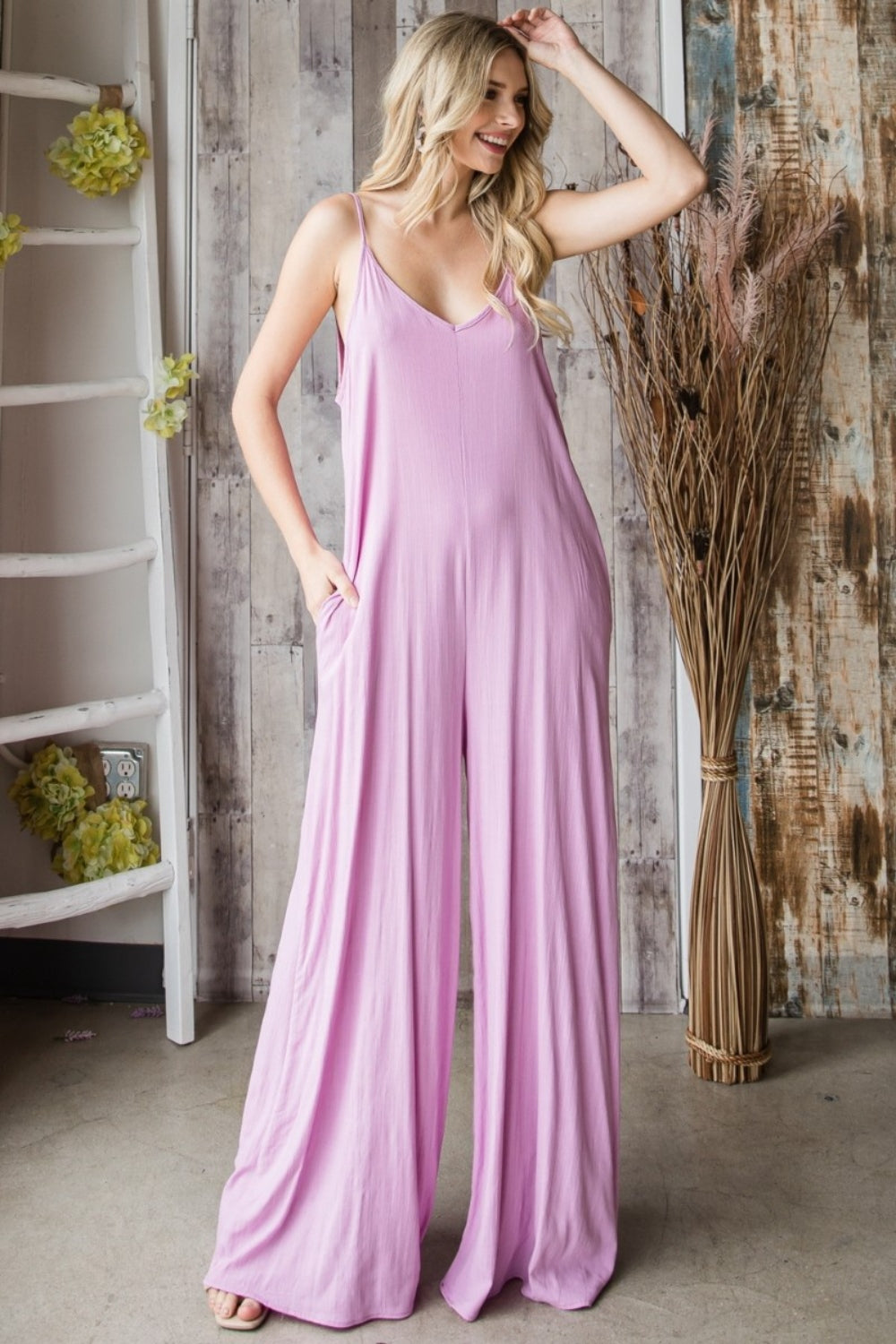 Sunset and Swim  Veveret Pocketed Spaghetti Strap V-Neck Wide Leg Jumpsuit Sunset and Swim LAVENDER S 