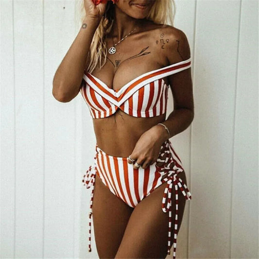 Summertime Sensation Striped High Waisted Cut Out Lace Up Tie Side Bikini  Sunset and Swim   
