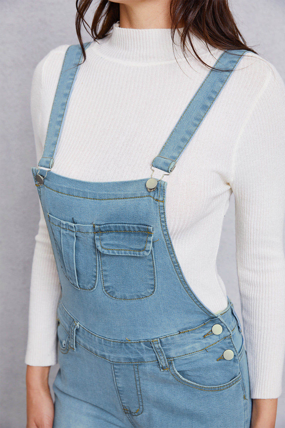 Distressed Washed Denim Overalls with Pockets Sunset and Swim   