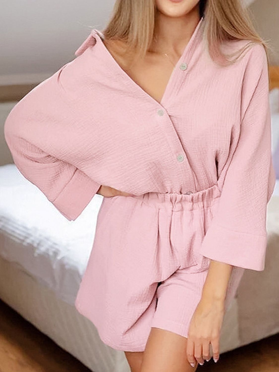 Sunset Vacation  Texture Button Up Shirt and Shorts Set Sunset and Swim Blush Pink S 