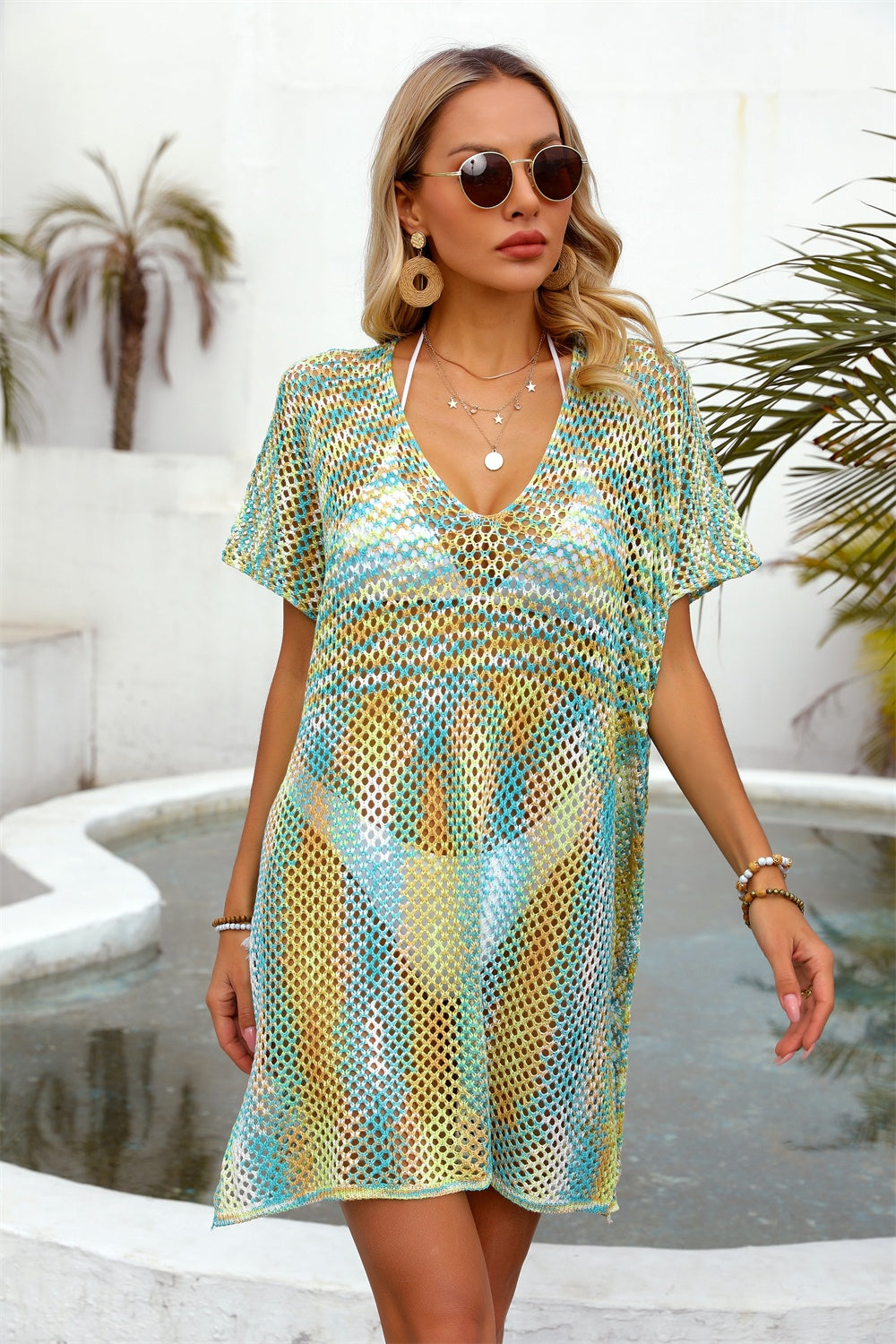 Sunset Vacation  Openwork Contrast Short Sleeve Cover-Up  Sunset and Swim Turquoise One Size 