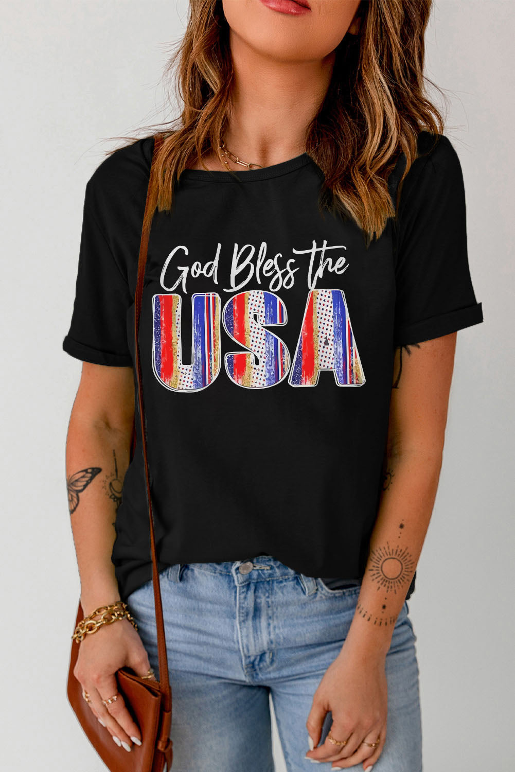 GOD BLESS THE USA Cuffed T-Shirt Sunset and Swim Black S 