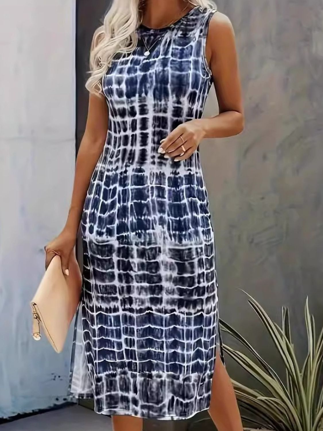 Slit Printed Round Neck Sleeveless Dress Sunset and Swim Dark Blue S 