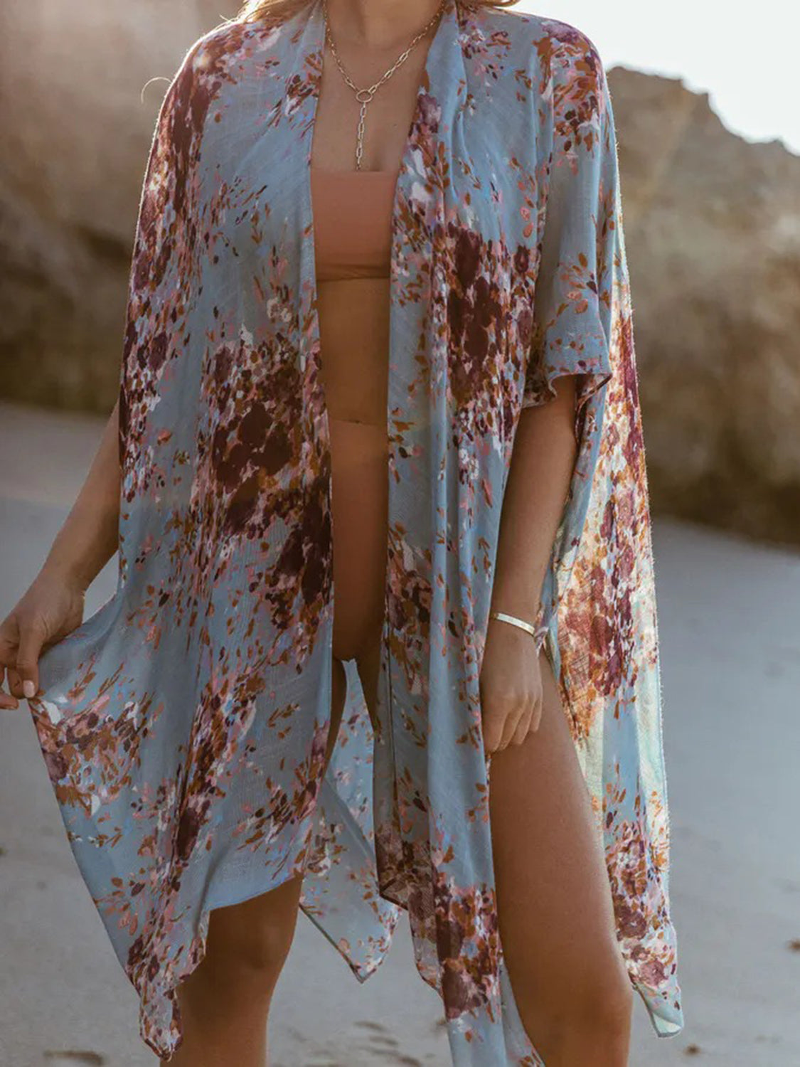 Sunset Vacation  Printed Open Front Cover-Up  Sunset and Swim Misty  Blue One Size 