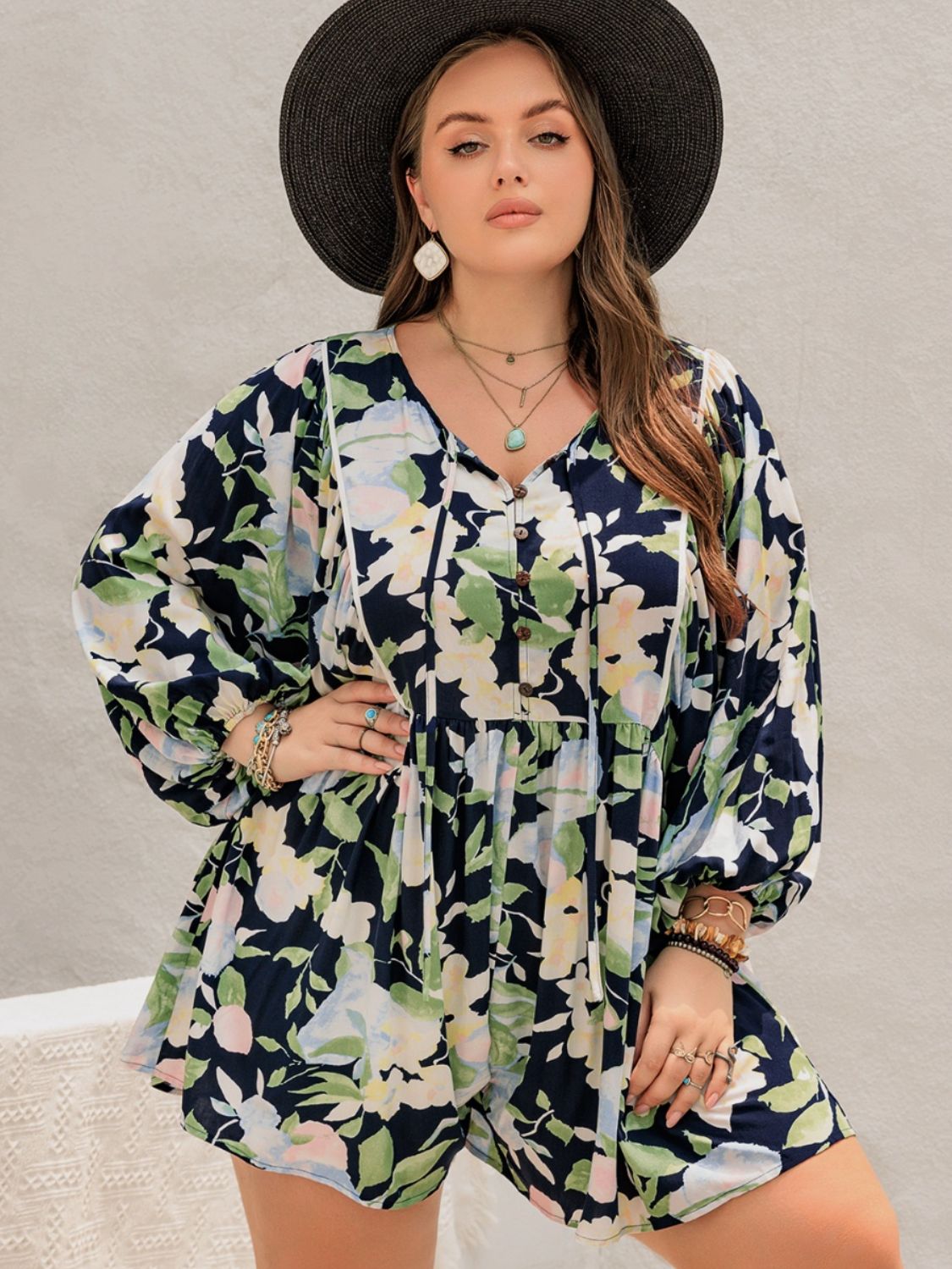 Sunset Vacation Plus Size Tied Printed Long Sleeve Romper Sunset and Swim   