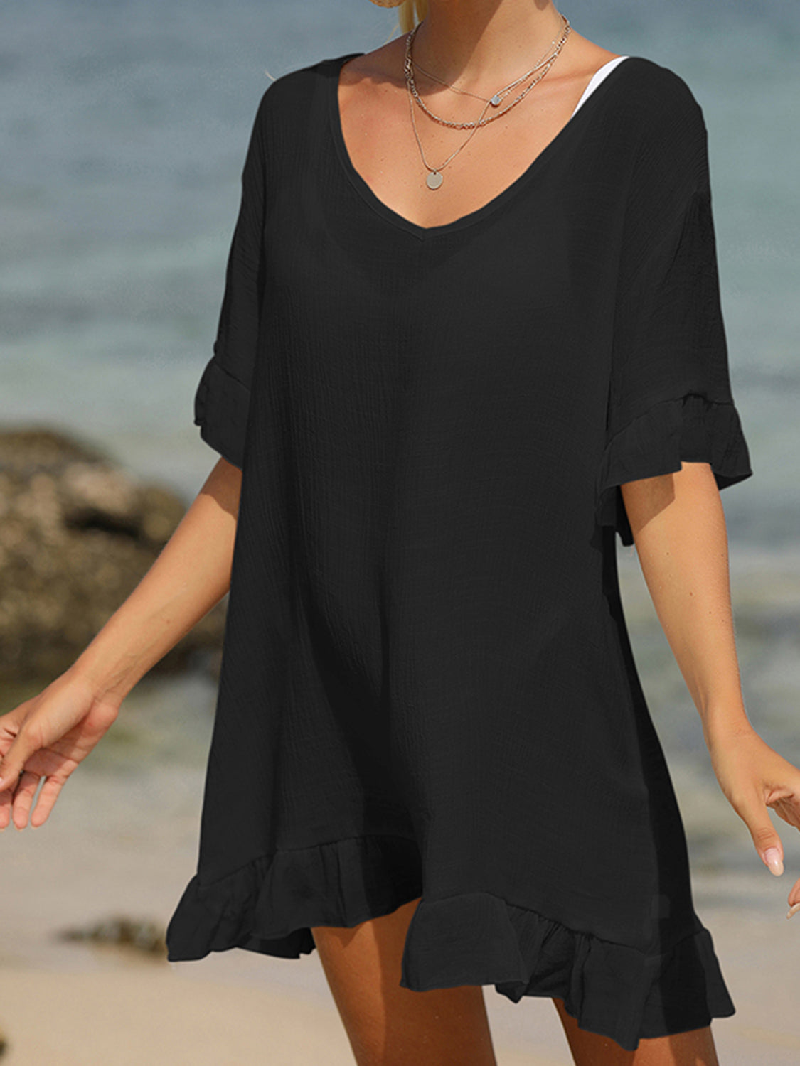 Sunset Vacation  Tied Ruffled Half Sleeve Beach Cover Up Sunset and Swim Black One Size 