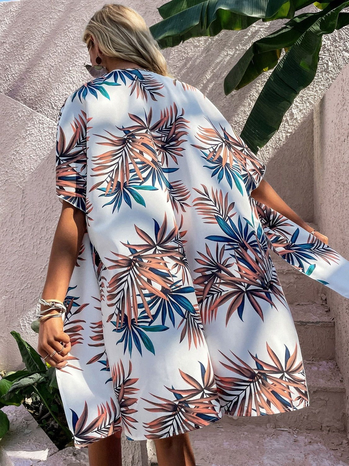 Printed Open Front Half Sleeve Cover Up Sunset and Swim   