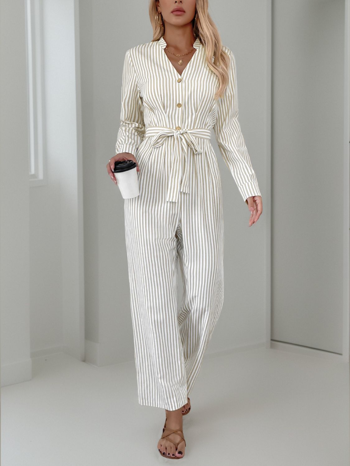 Sunset Vacation Striped Notched Long Sleeve Tie Waist Jumpsuit Sunset and Swim   