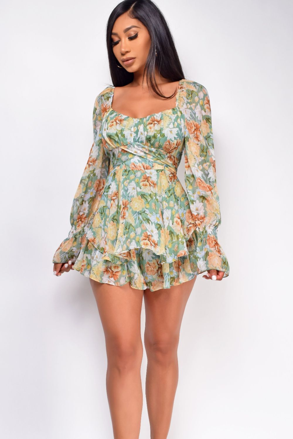 Floral Sweetheart Neck Flounce Sleeve Romper Sunset and Swim   