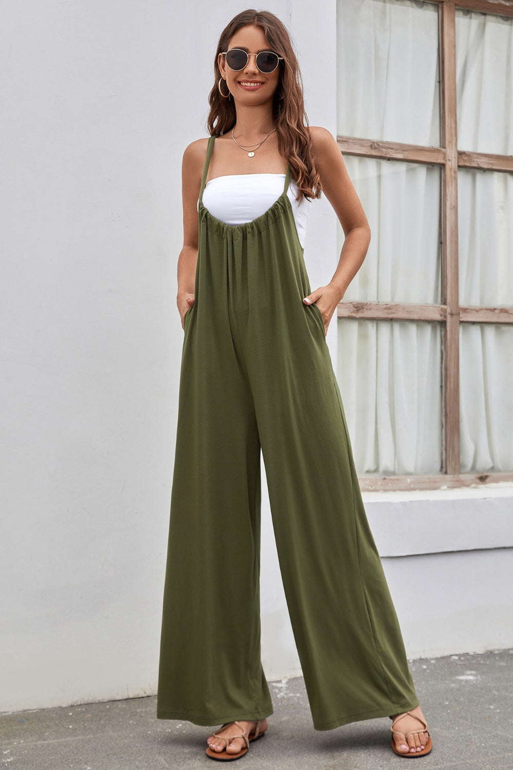 Sunset and Swim Tied Spaghetti Strap Wide Leg Jumpsuit Sunset and Swim Army Green S 