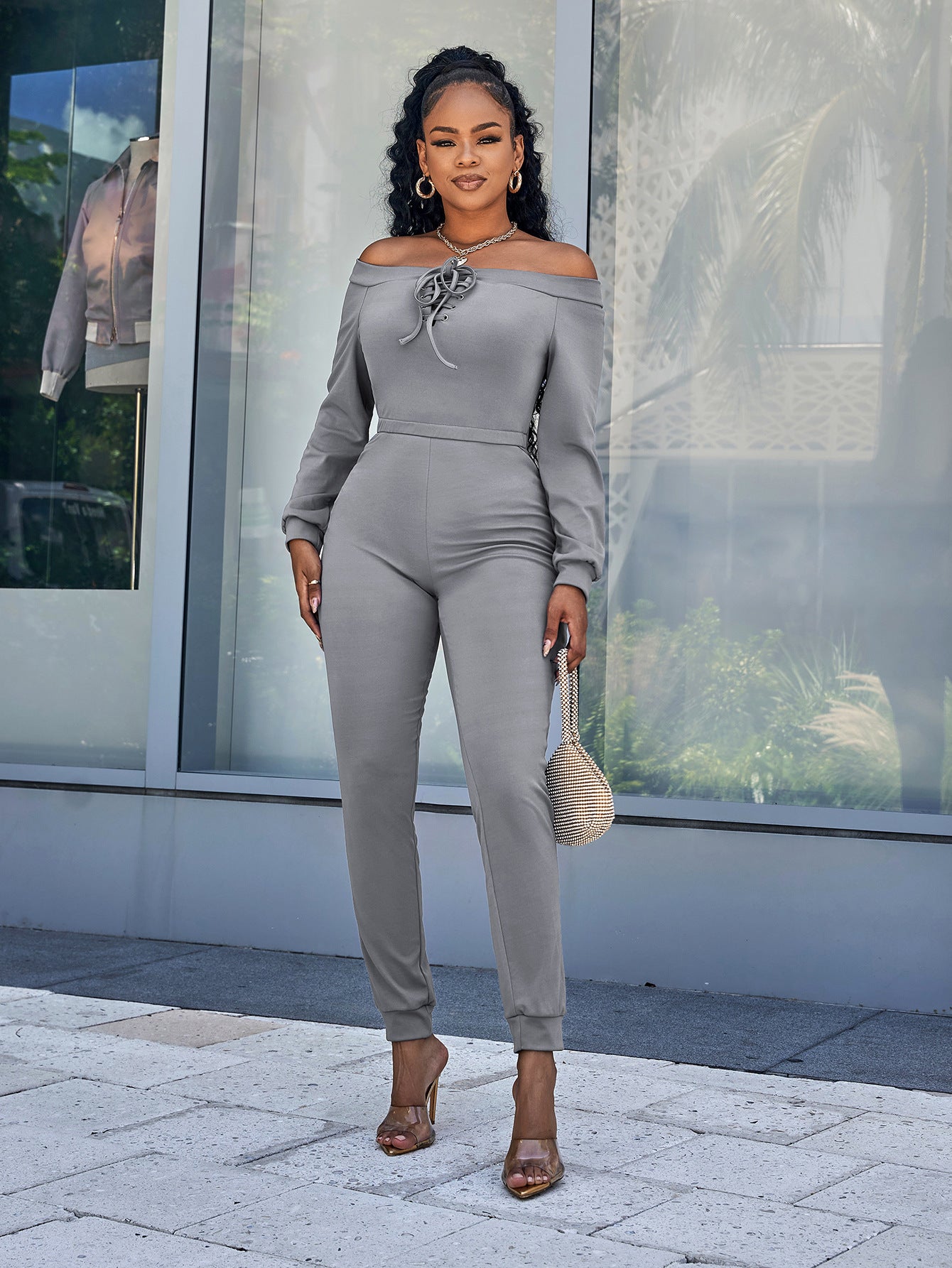 Sunset and Swim Lace-Up Off-Shoulder Long Sleeve Jumpsuit Sunset and Swim   