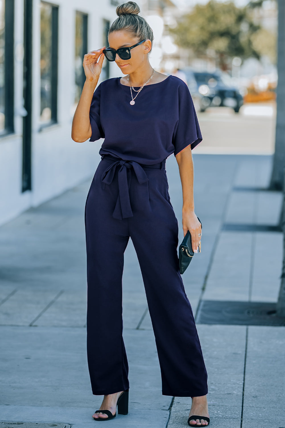 Full Size Tie Waist Straight Leg Jumpsuit Sunset and Swim Navy S 