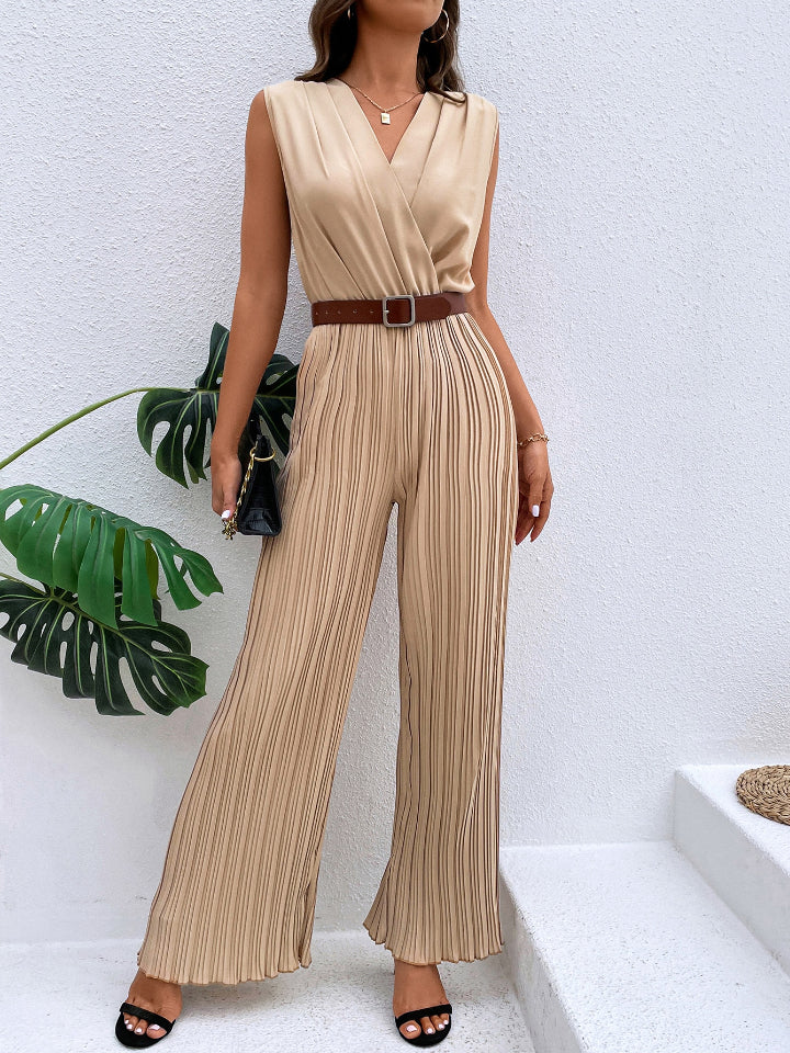 Pleated Sleeveless Straight Leg Jumpsuit Sunset and Swim Cream S 