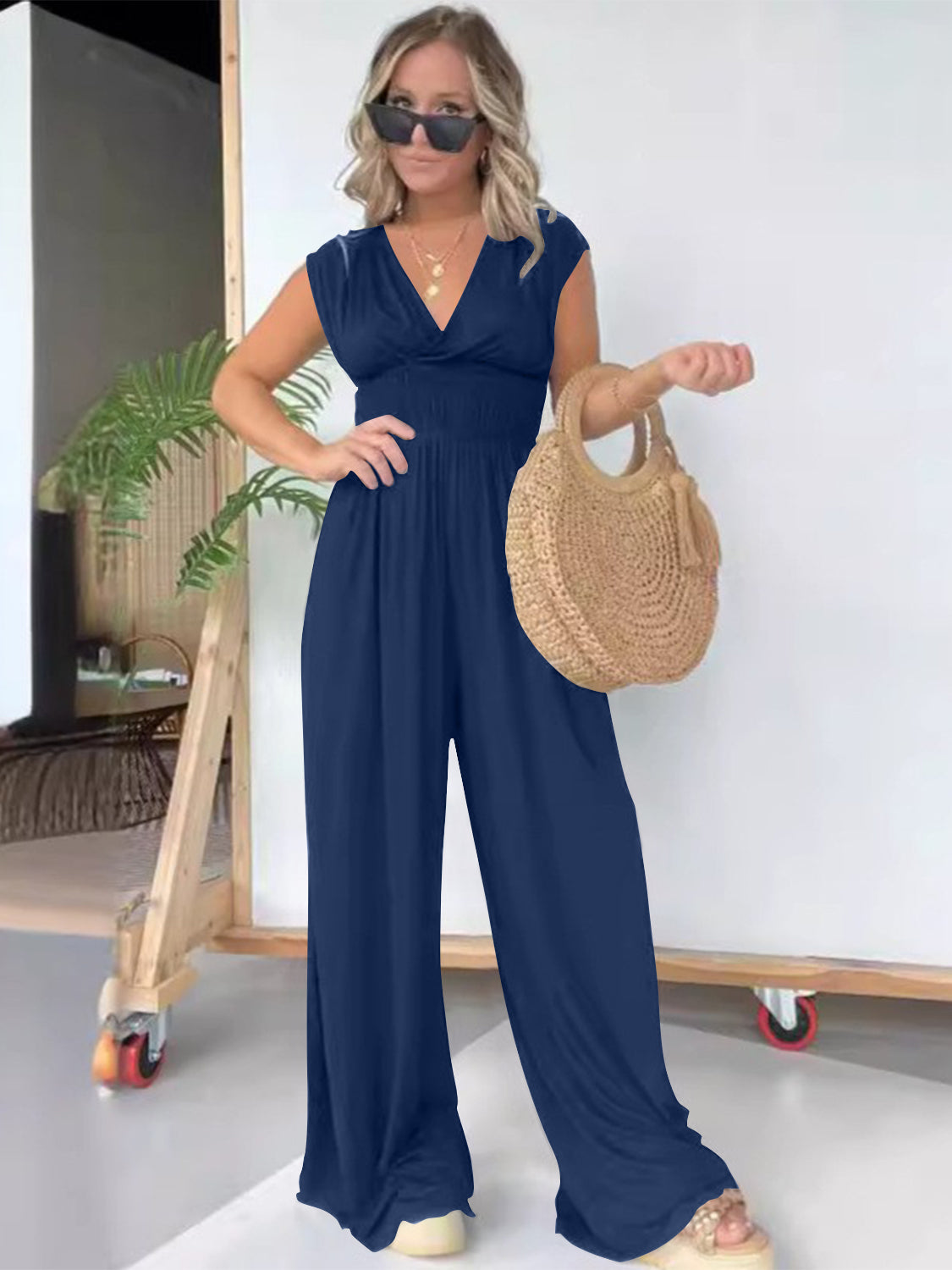 Smocked Cap Sleeve Wide Leg Jumpsuit Sunset and Swim Navy S 