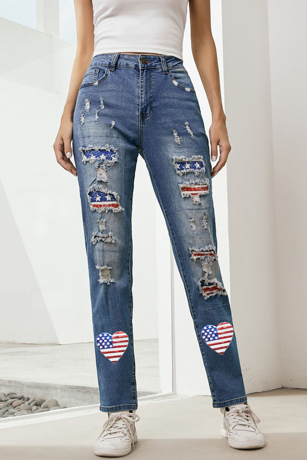 US Flag Distressed Straight Jeans Sunset and Swim Medium 4 