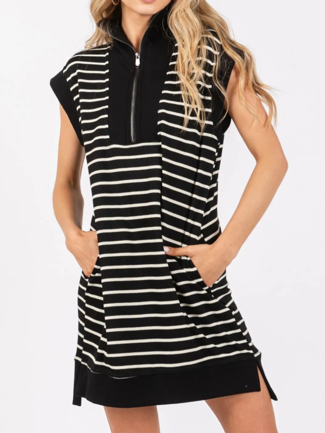 Sunset Vacation Full Size Pocketed Striped Quarter Zip Cap Sleeve Dress Sunset and Swim Black S 