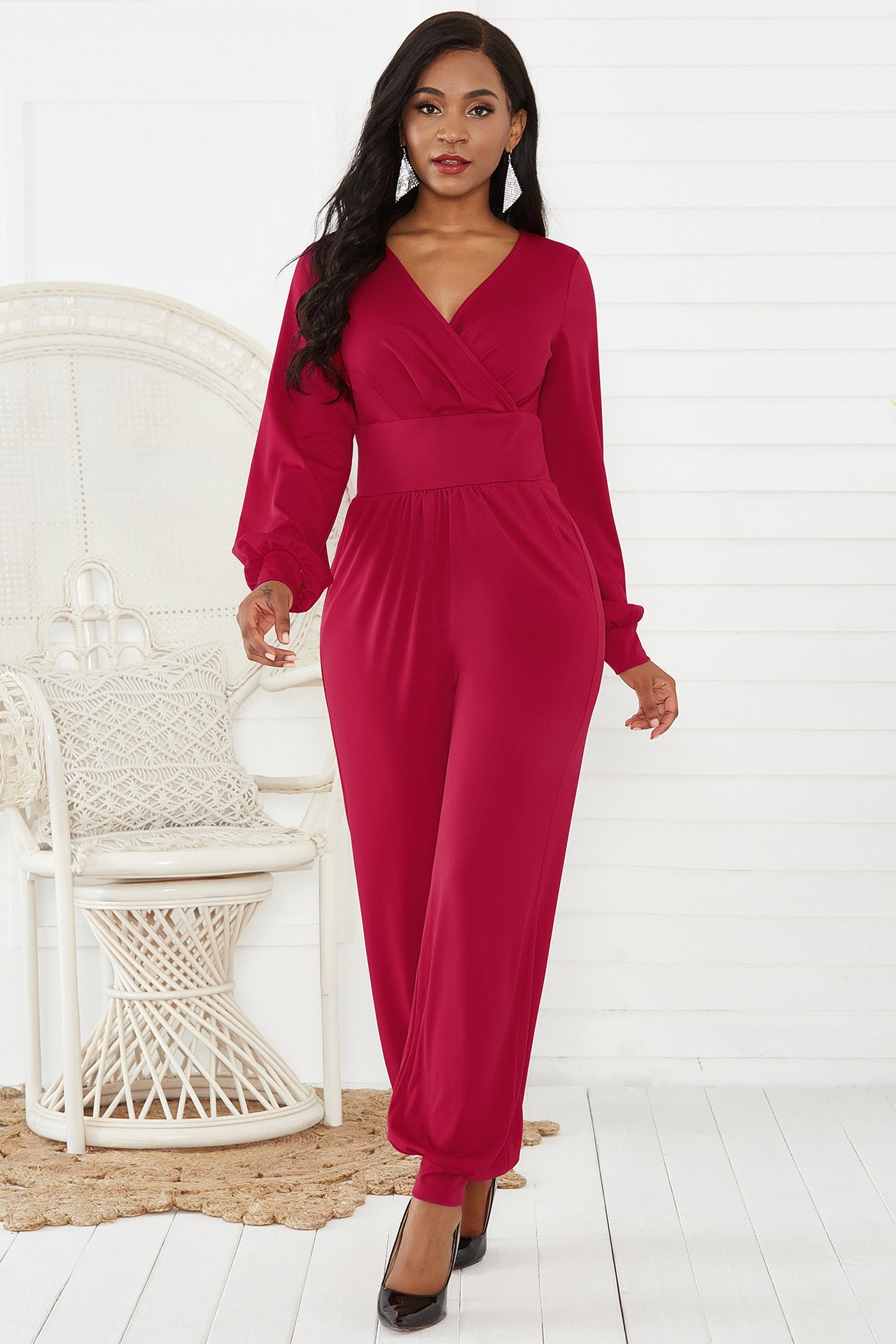 Sunset and Swim Gathered Detail Surplice Lantern Sleeve Jumpsuit Sunset and Swim Red M 