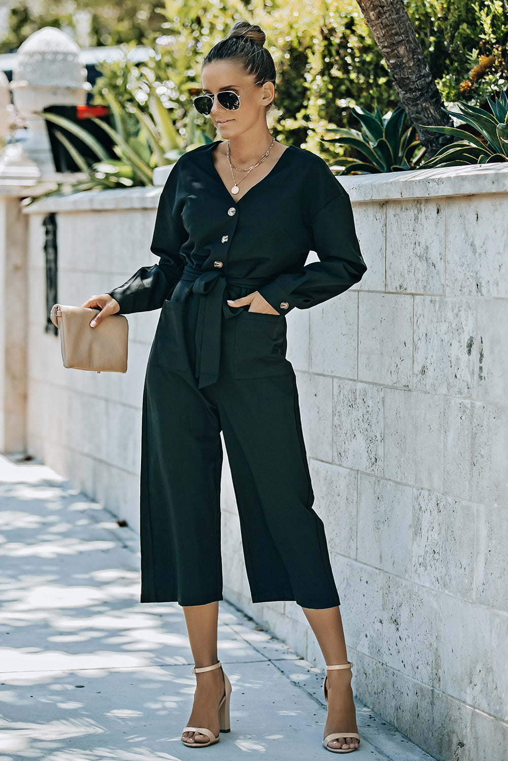 Belted Button Front Cropped Jumpsuit Sunset and Swim Black S 