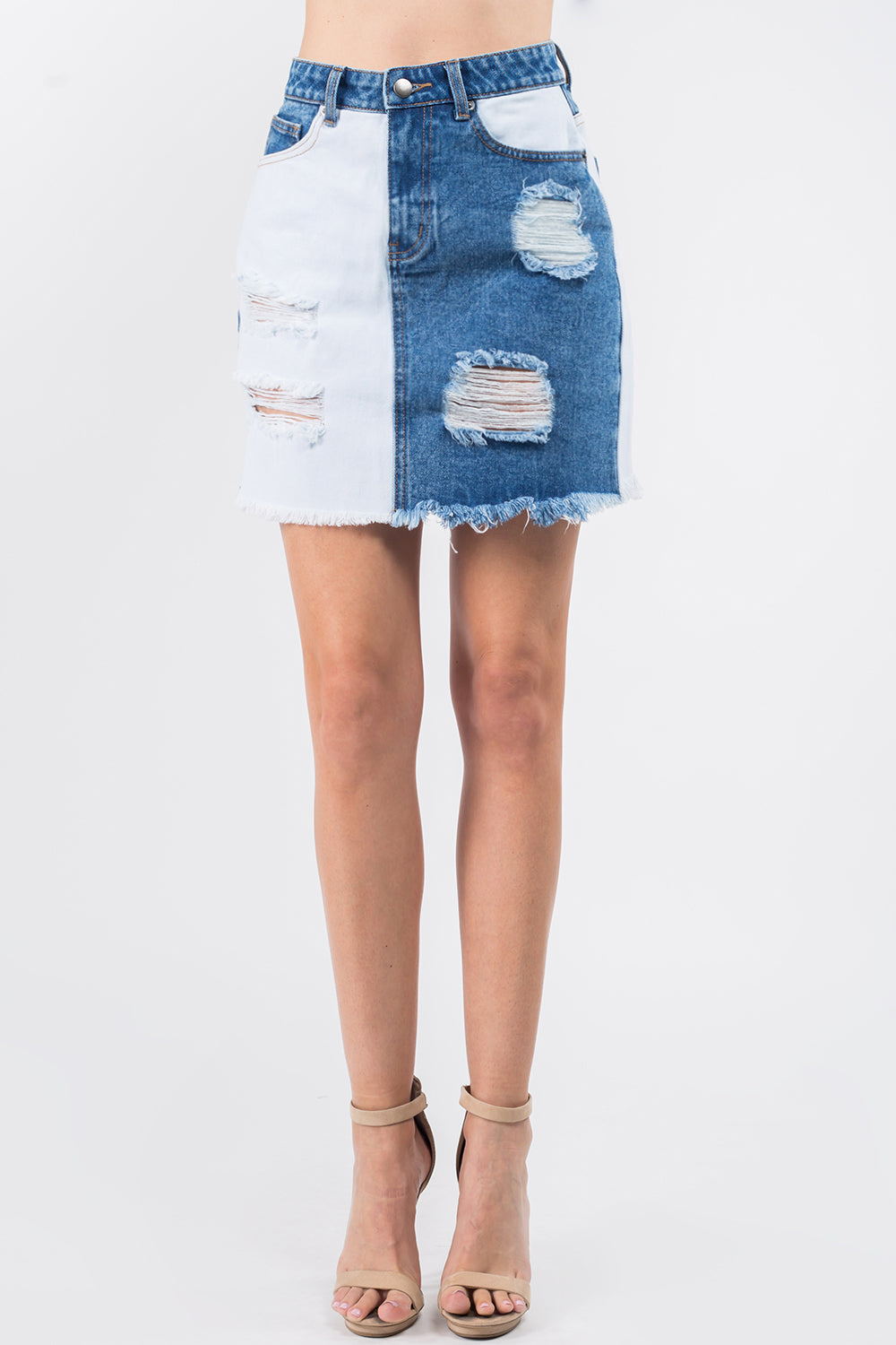 American Bazi Contrast Patched Frayed Denim Distressed Skirts Sunset and Swim Blue/White S 